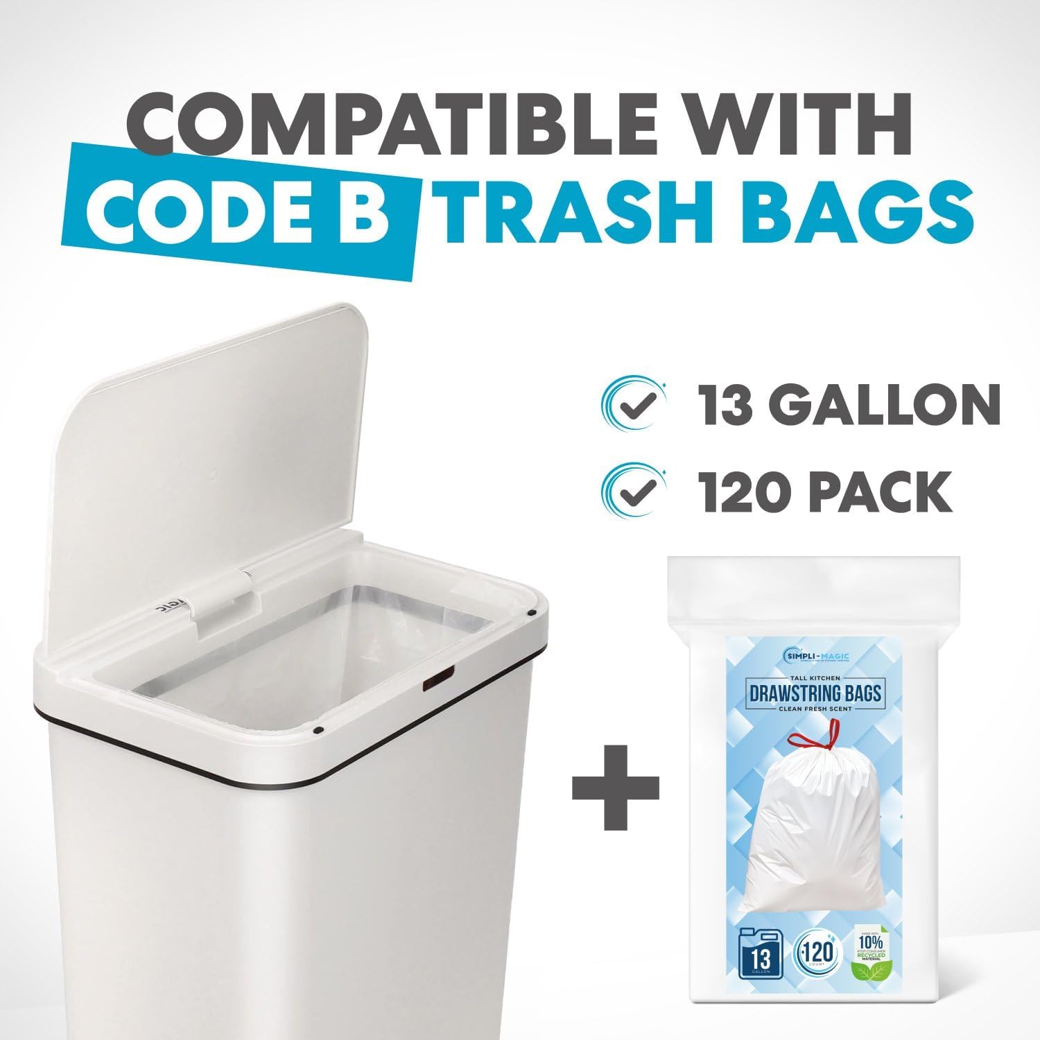 Simpli-Magic 13 Gallon (50L) Motion Sensor Touchless Trash Can – Automatic Hands-Free Garbage Can for Kitchen, Home, Office