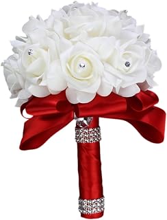 Artificial Wedding Bouquet Silk Roses Bridal Toss Bouquet for Ceremony Anniversary Engagement Prom Party Decor 7.09x9.45 inch- Red