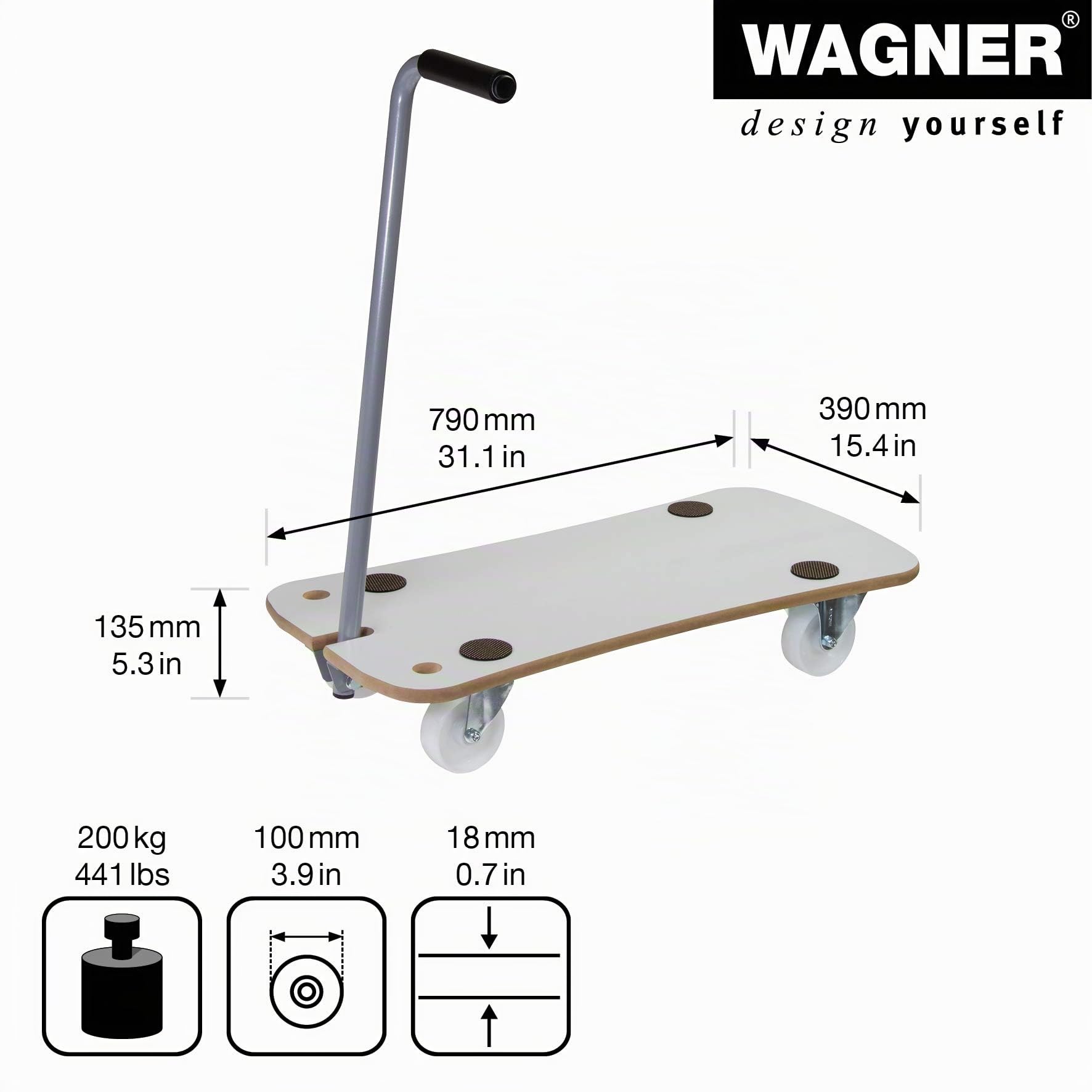 WAGNER Carrello da trasporto MM 1389 I 79 x 39 cm I timone pieghevole - ideale per carichi pesanti I cuscinetti antiscivolo I portata 200 kg I facile da pulire - 20138901