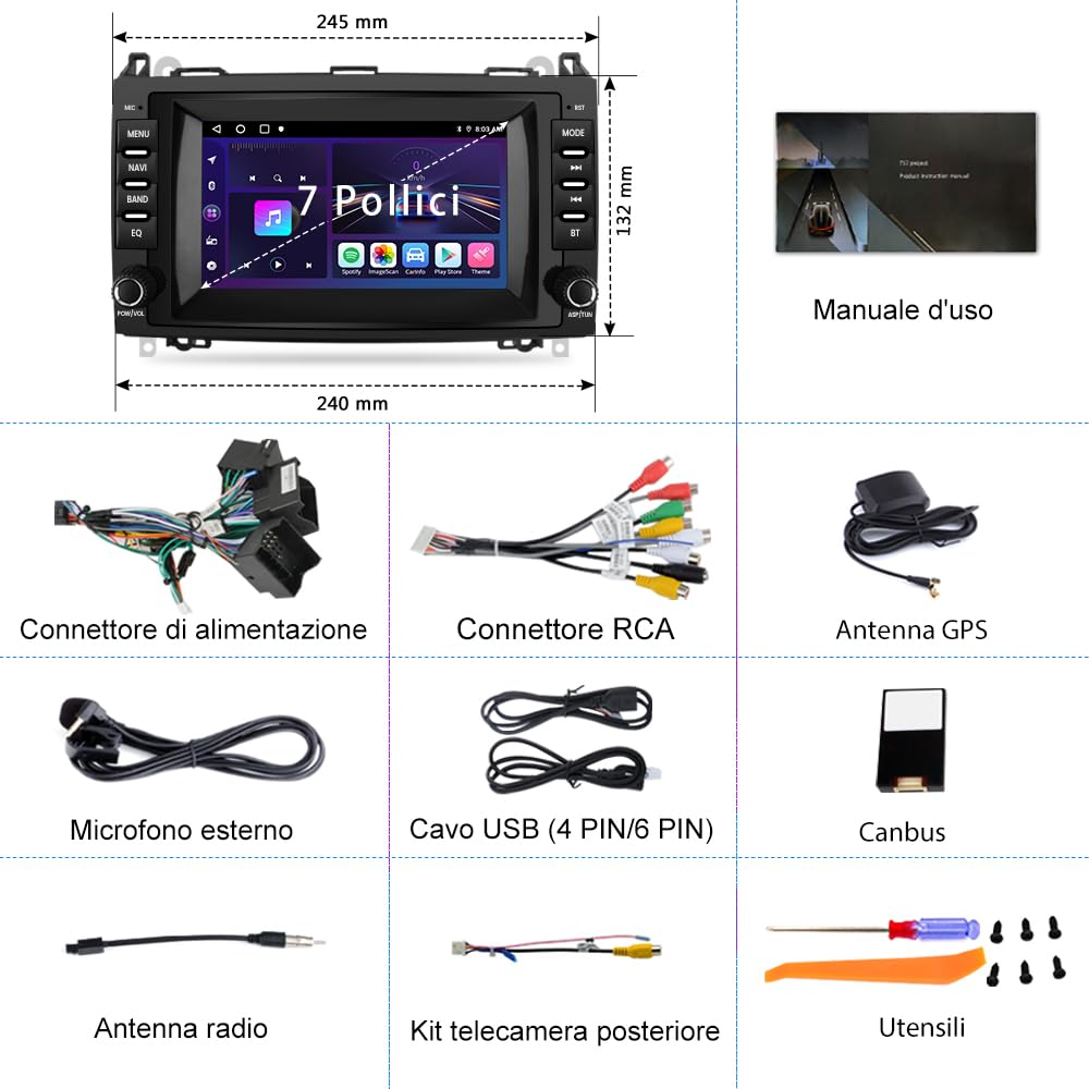 Android 13 Autoradio Carplay Android Auto per Mercedes Benz Vito Viano/Sprinter W639 W245/Classe B/Classe A W169 7 Pollici Car Radio Bluetooth FM RDS Comandi al volante