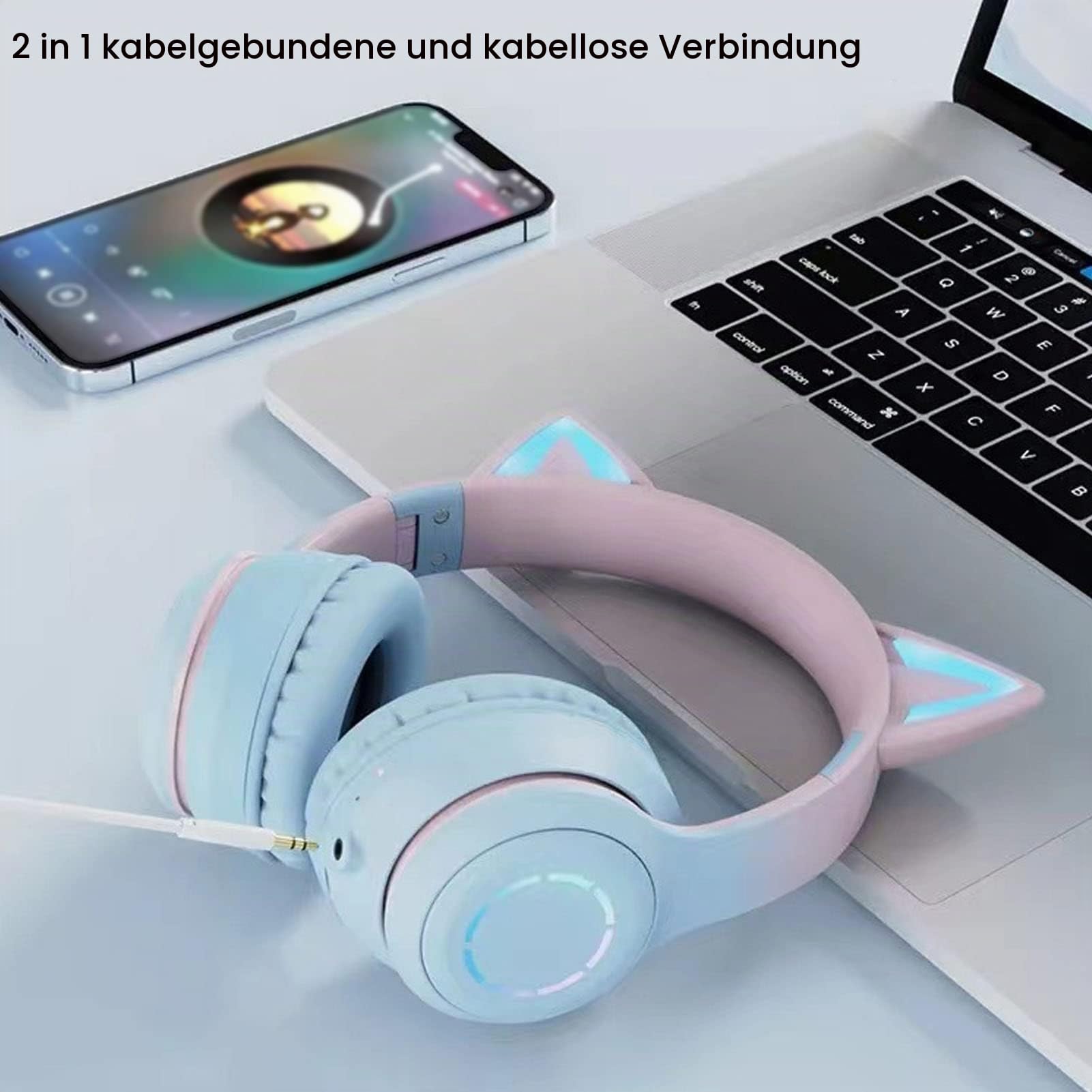 Annadue Gaming Kopfhörer mit Mikrofon, Bluetooth Katzenohr Kopfhörer Kabelloser Kopfhörer mit 3,5mm Aux Kabel, 7 Farben LED Lichter und 4 LED Lichtmodi (Blau)