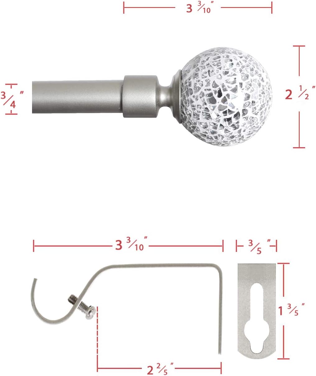 H.VERSAILTEX Window Curtain Rods for Windows 28 to 48 Inches Adjustable Decorative 3/4 Inch Diameter Standard Single Window Curtain Rod Set with Sparkling Mosaic Finials, Nickel : Home & Kitchen