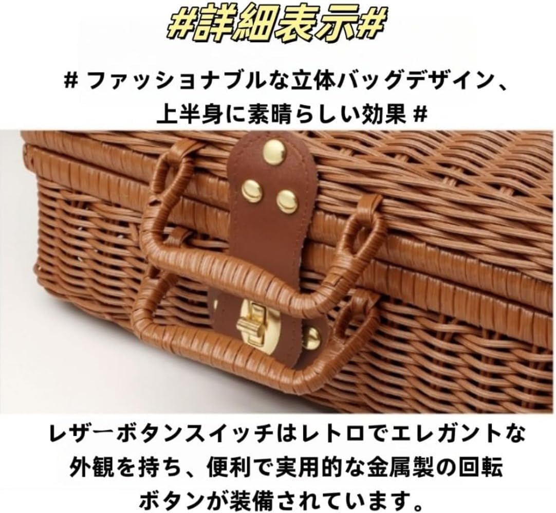 ピクニック 収納バスケット 籠 蓋付き ランチバスケット トランクバス ふたハンドル まね藤 編み箱 籐かご風 布張り チェック柄
