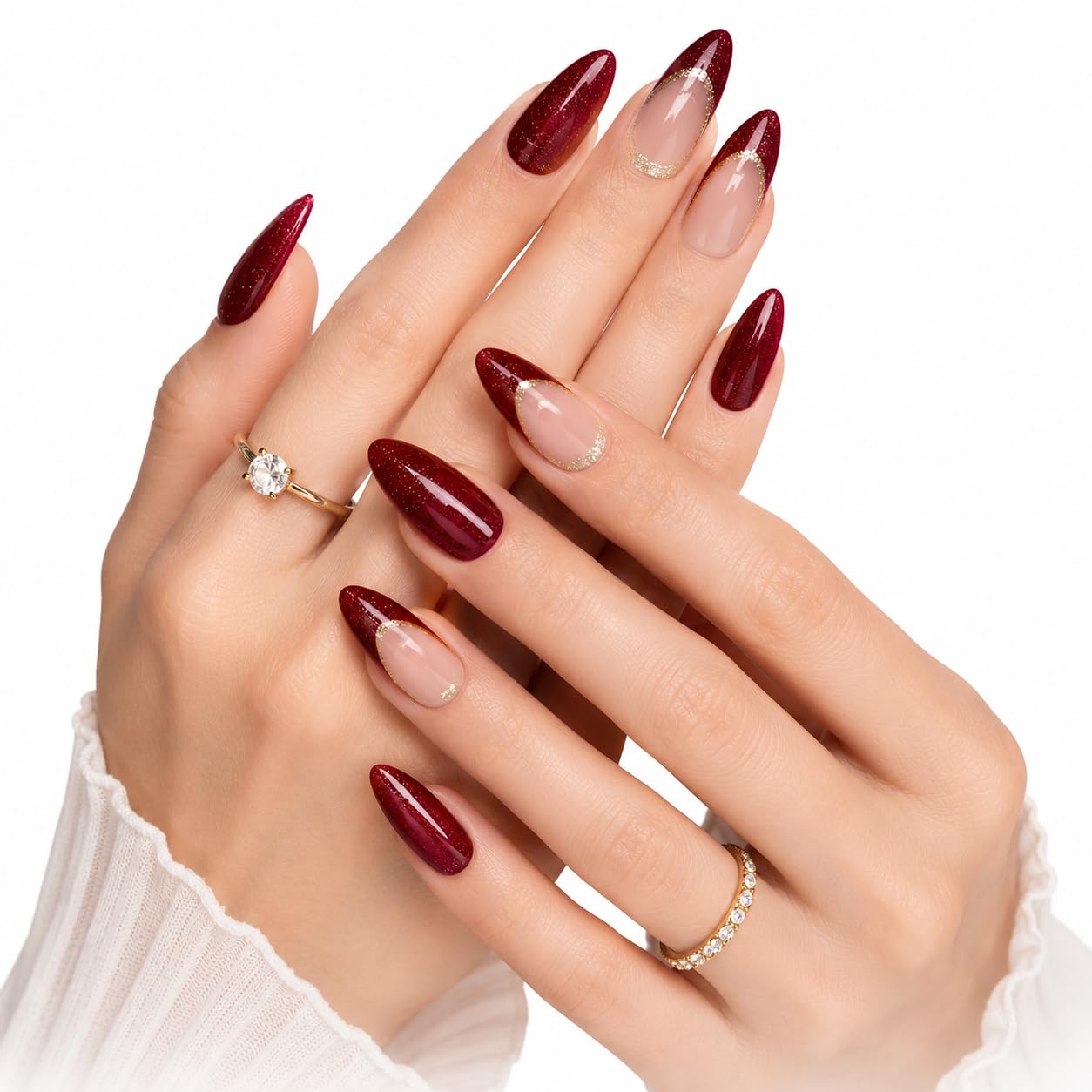 KAPO Wine Red Almond Medium Fake Nails with Gold Shine Design, Full Cover, Reusable, Artificial Acrylic Glossy False Nails Set - 24 Pcs-picture-13