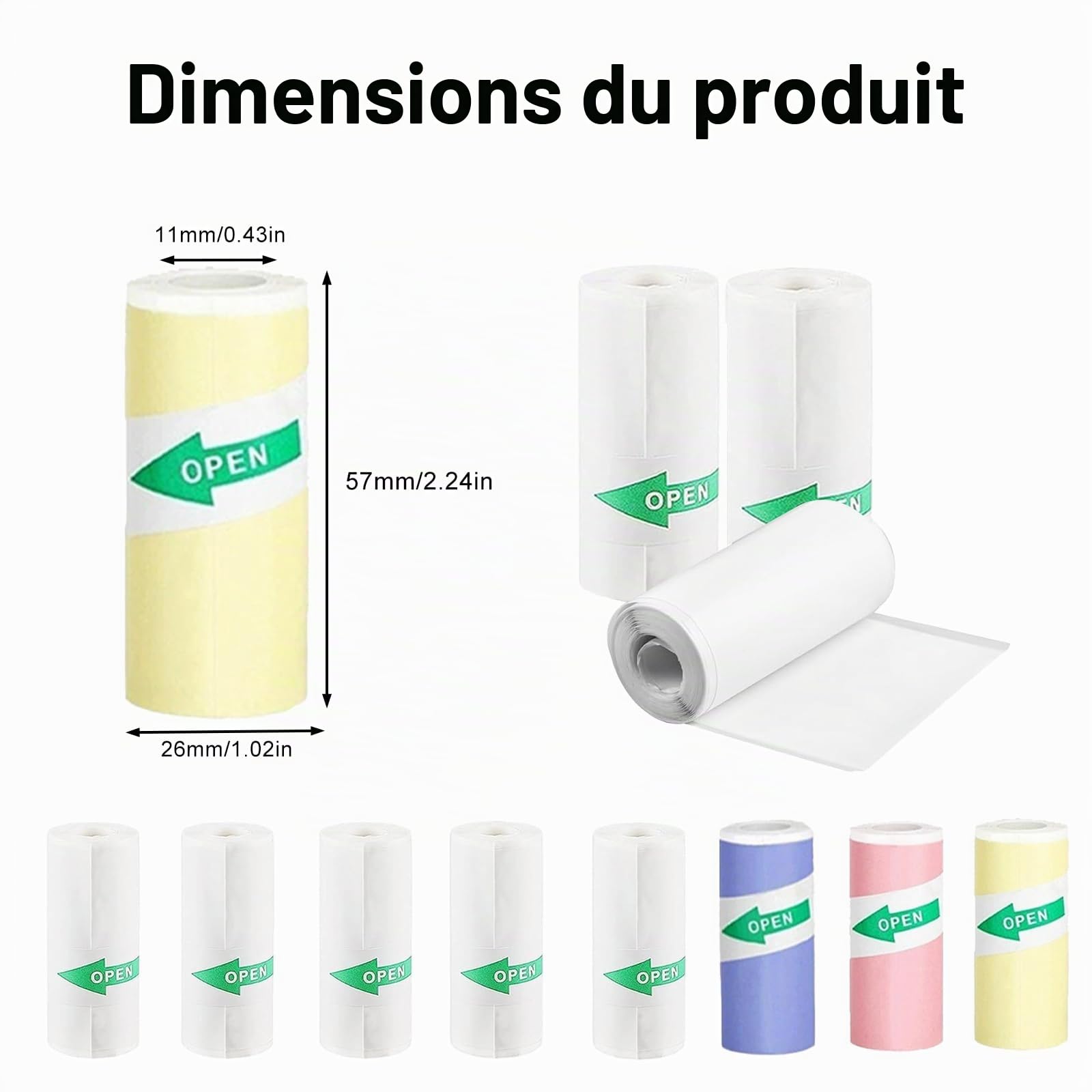 Papier Rouleau Mini Imprimante Thermique 57x25MM 8 Rouleaux 3 Couleur + 5 Blancs