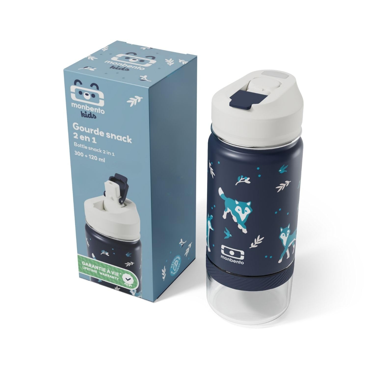 Gourde snack 2-en-1 monbento MB Twisty bleue pour le goûter des enfants