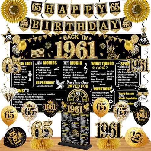 65th Birthday Decorations Kit for Men Women Black Gold 24PCS Back in 1961 Banner Decorations  Vintage 1961 Banner Wooden Table Sign Poster Hanging Swirl Balloons Paper Fans Cheers to 65 years
