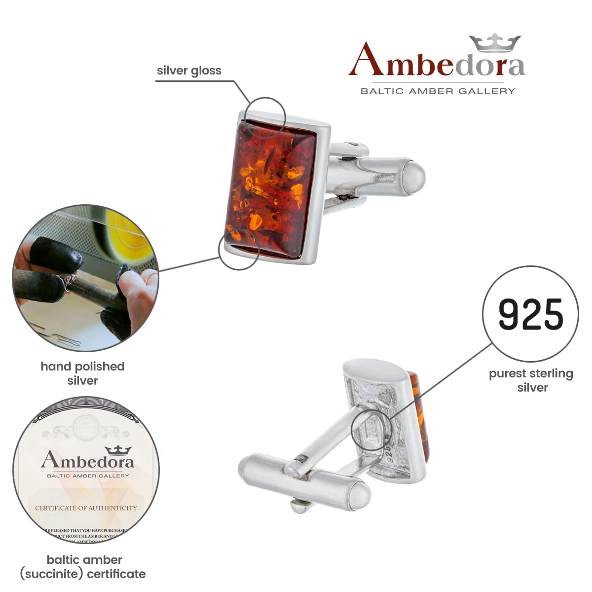 Herren Manschettenknöpfe Lombok aus Silber mit Bernstein, Moderne Form, Natürlicher Bernstein in Cognacfarbe, Geschenkset