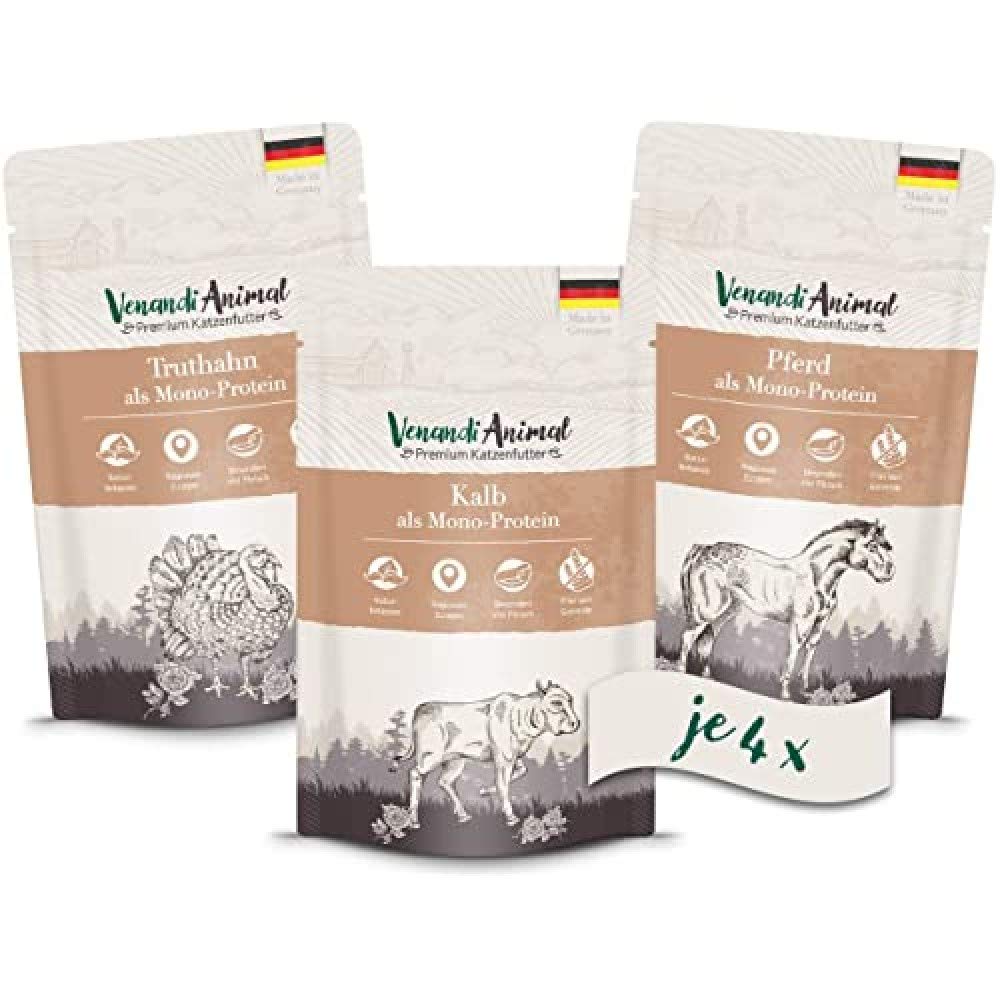 Venandi Animal Premium Nassfutter für Katzen, Probierpaket II, Pferd, Kalb, Truthahn, 12 x 125 g, 1.5 kg & Premium Nassfutter für Katzen, Probierpaket I, Huhn, Pute, Rind, 12 x 125 g, 1.5 kg