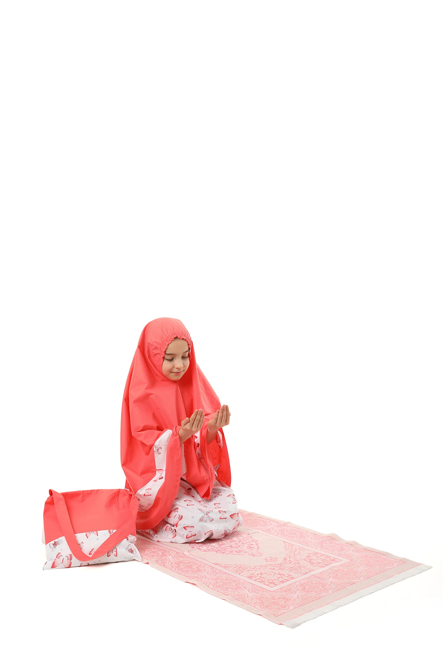 Girls modlitewne ubrania dla dzieci Islamska odzież 4-częściowy zestaw modlitewny spódnica sukienka z szalikiem na głowę, matą modlitewną, torbą i różańcem z nadrukiem motyla