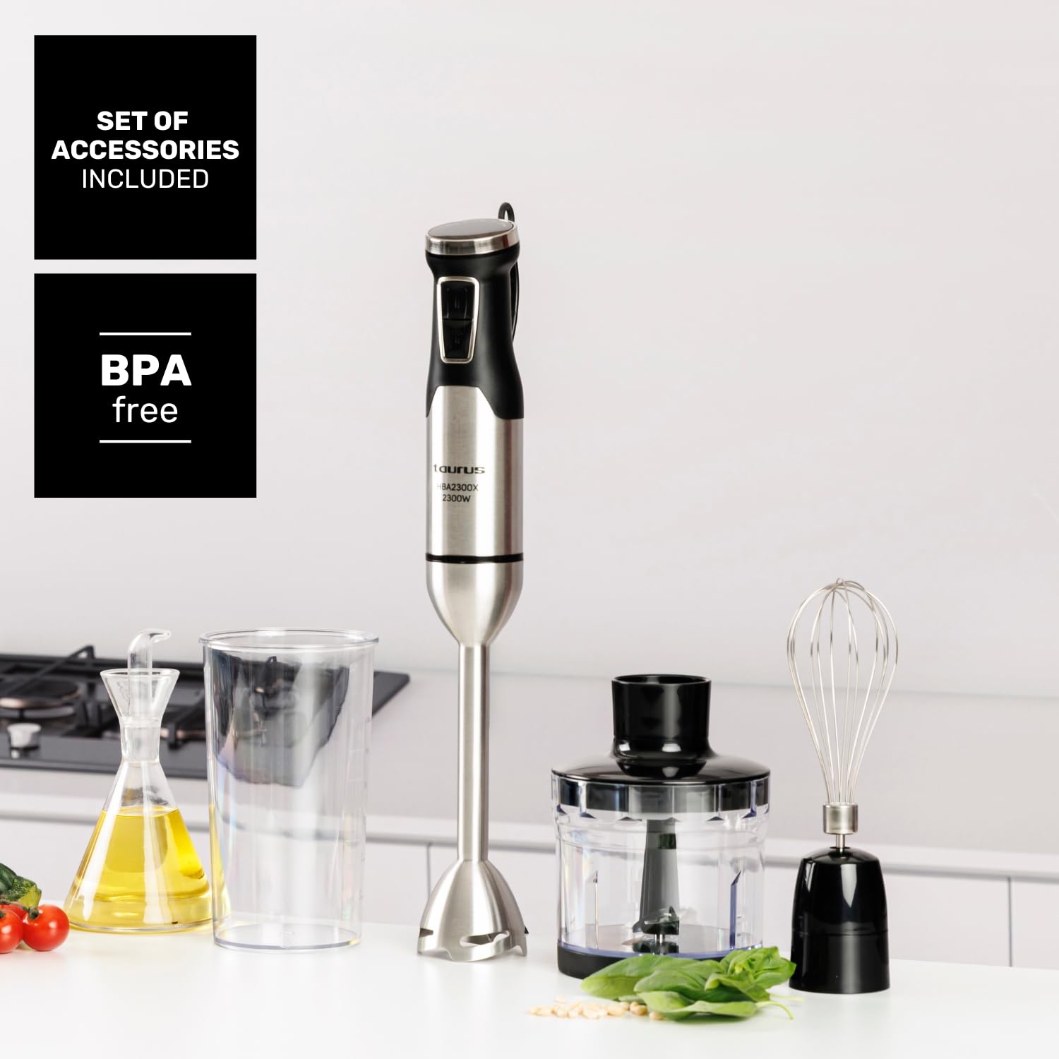 Taurus – Blender ręczny HBA2300X | 2300 W | 4 ostrza ze stali nierdzewnej | regulator prędkości | funkcja Turbo | Konstrukcja zapobiegająca rozpryskiwaniu | Akcesoria: kubek z miarką 1 l, rozdrabniacz