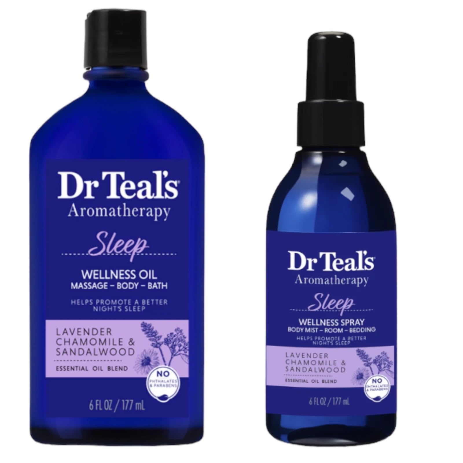 Dr Teal's Aromatherapy Sleep Wellness Oil - for Massage, Body, Bath (6 Fl. Oz.) & Wellness Sleep Spray - for Body, Room, and Bedding (6 Fl. Oz.) Bundle