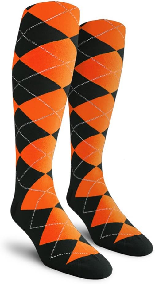 Golf Knickers Colorful Knee High Argyle Cotton Socks For Men Women and Youth (AA-ZZ) Black/Orange 10-13