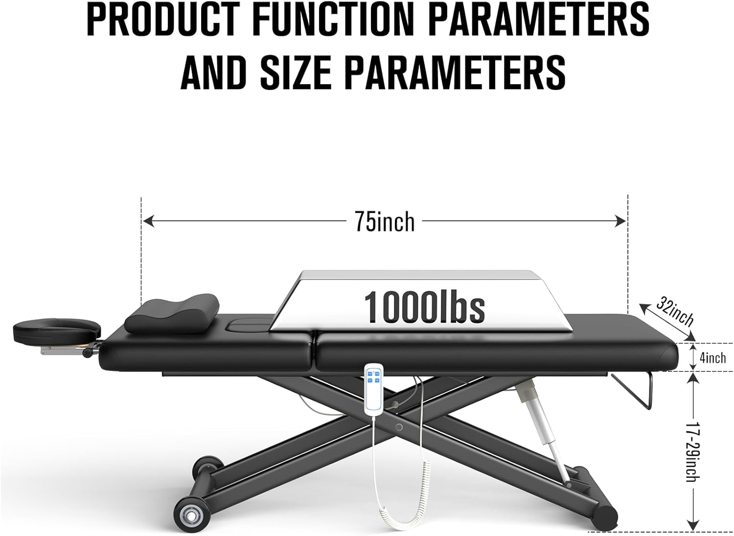 32" W x 75" L Electric Massage Table, Electric Massage Bed with Adjustable Height and Backrest for Treatment, Physical Therapy and Spa Facial Bed, 2 Motor, Hydraulic Equipment, Remote Control, Black