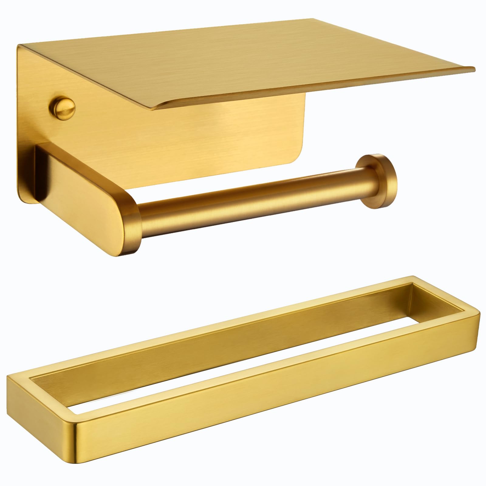 APLusee Brushed Gold 304 Stainless Steel Towel Bar and Paper Holder with Shelf Bundle, Wall Mounted Bathroom Accessories