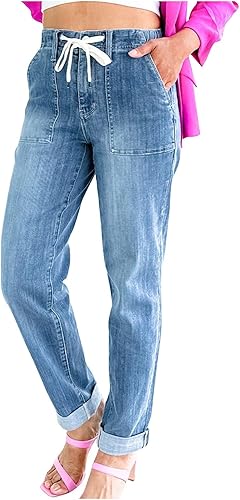Gumipy Pantalones de mezclilla para mujer, cintura elástica, con cordón, con bolsillo, estilo casual, holgados, pantalones de mezclilla recortados