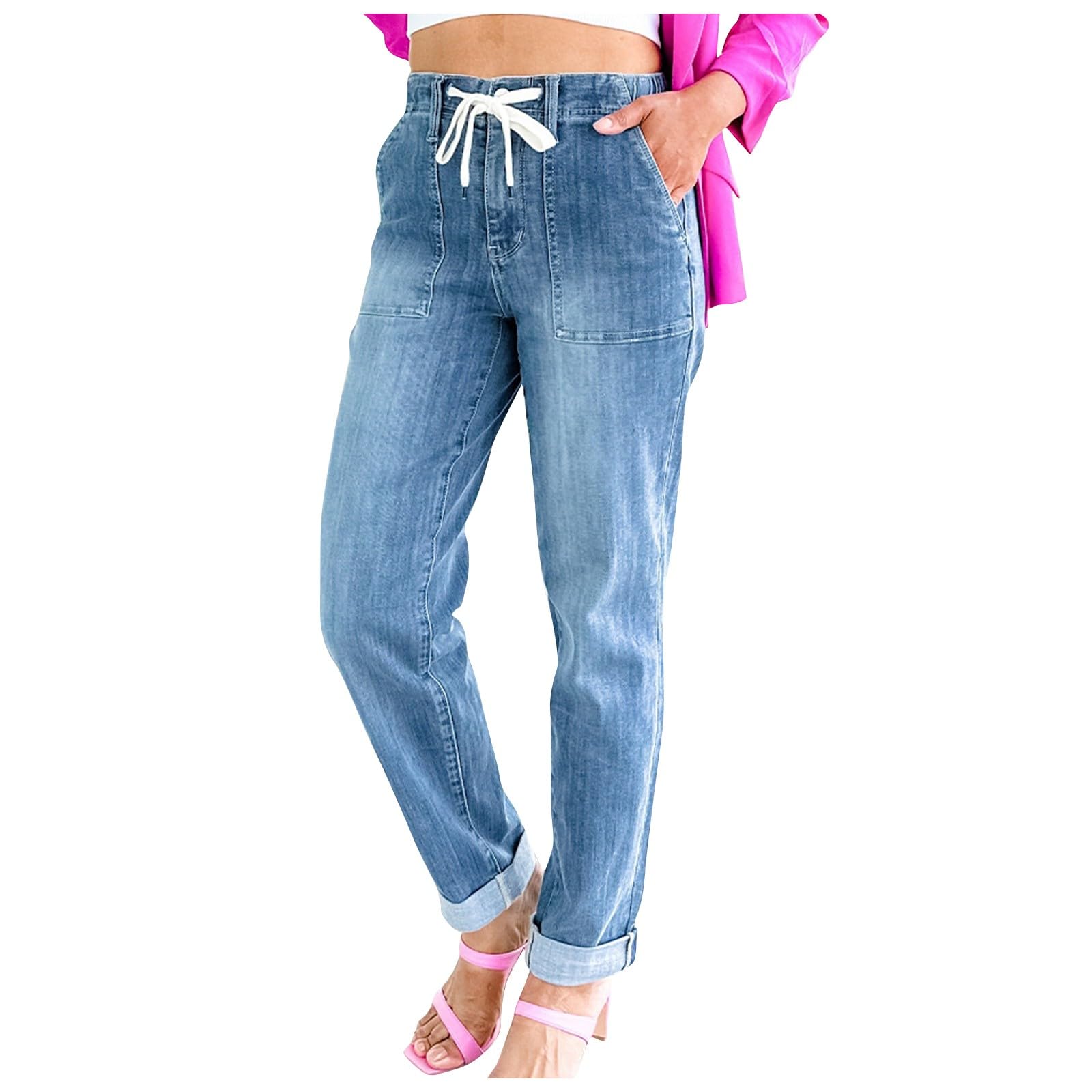 GumipyWomen Pull On Denim Joggers Elastic Waist Stretch Drawstring Jeans with Pocket Casual Baggy Jeans Cropped Jeans