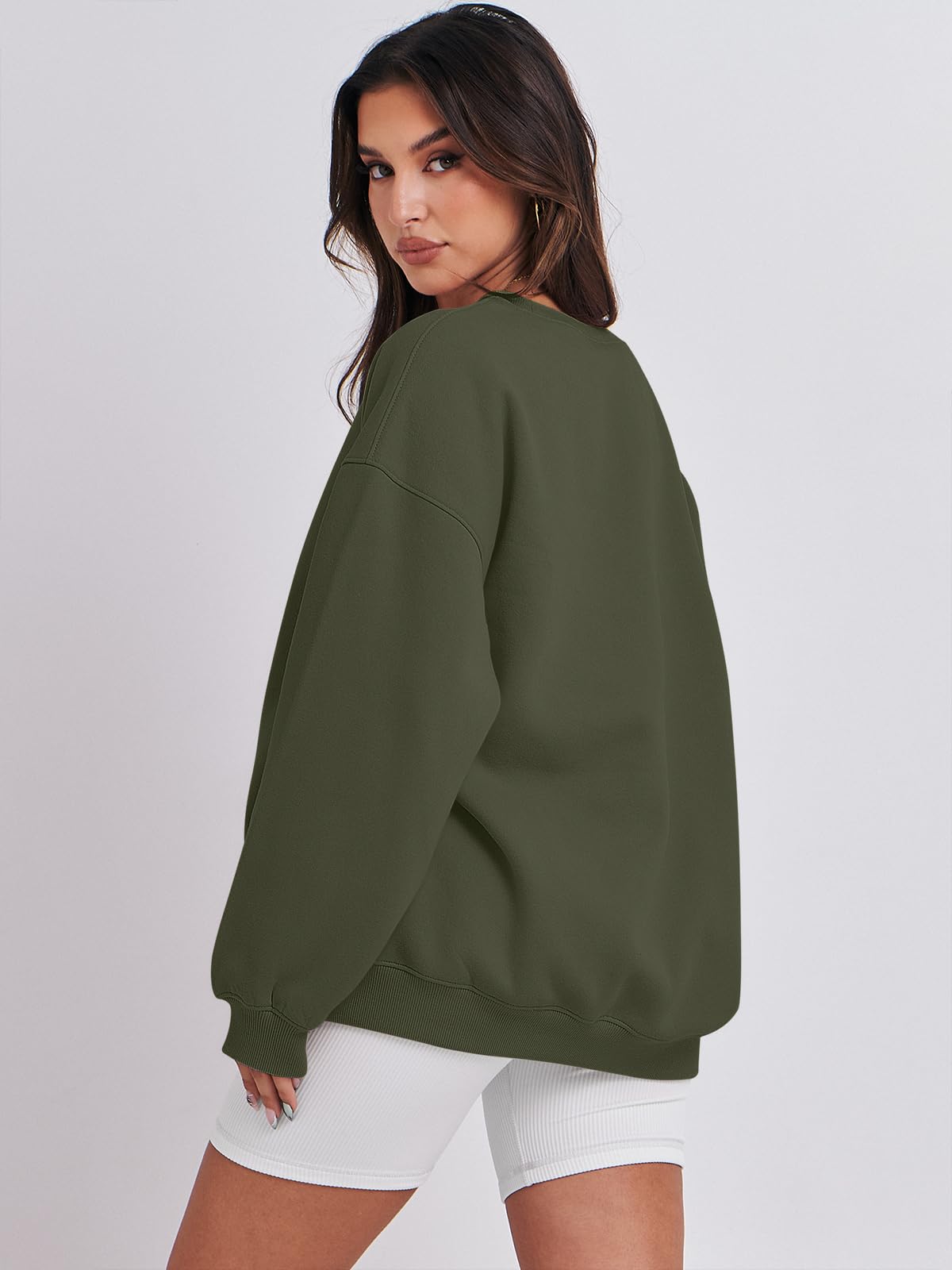 Damskie bluzy oversize bluzy z kapturem polar okrągły dekolt sweter top codzienne jesienne stroje preppy ubrania nastolatki 2024 A1019 światło, Jeden kolor, Army Green_XL