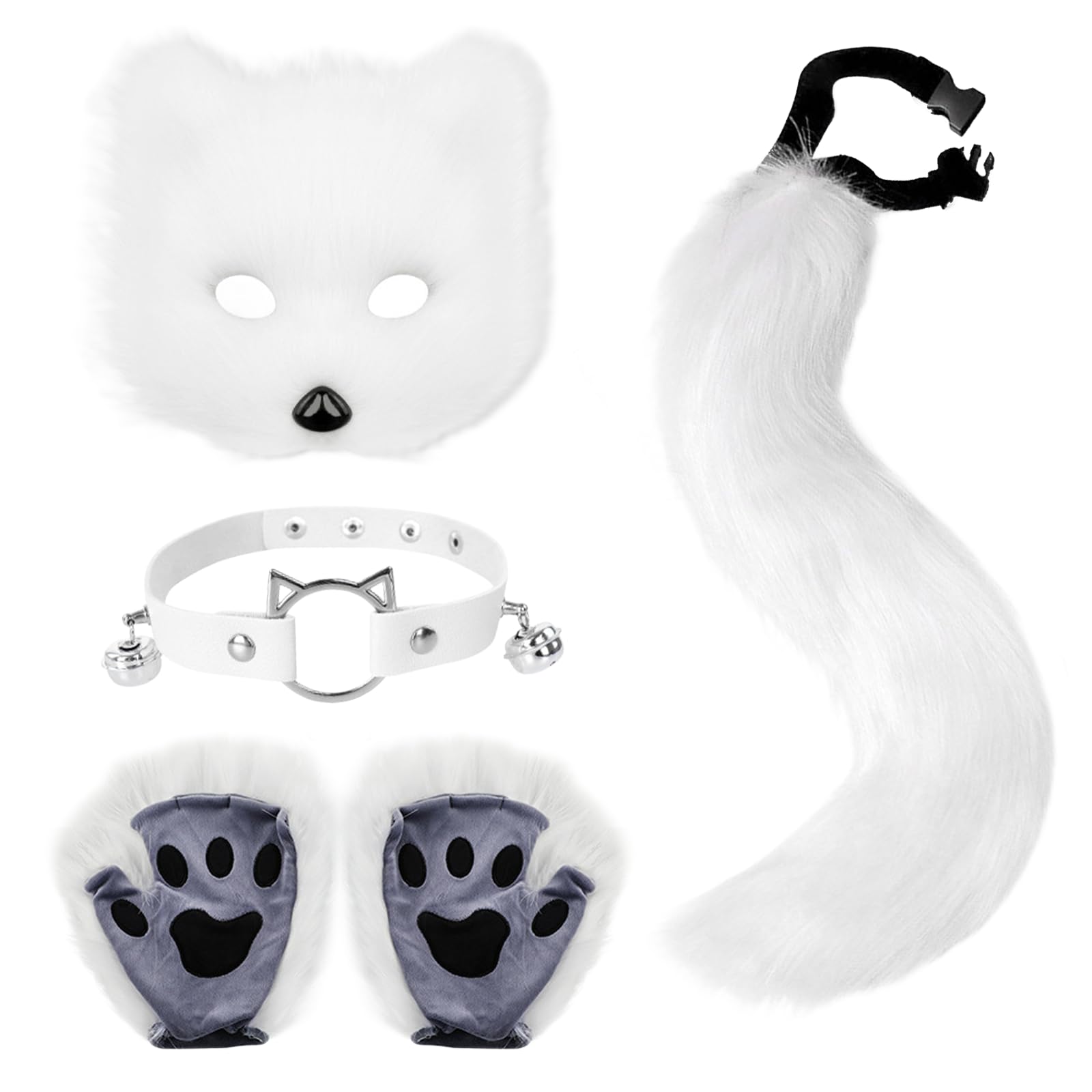Xerteam Faux Fur Fox Costume, Fluffy Cat Wolf Cosplay Costume Set Plush Fox Tail Mask Bells Necklace Gloves, Suitable for Halloween Carnival Christmas Cosplay Parties (White)