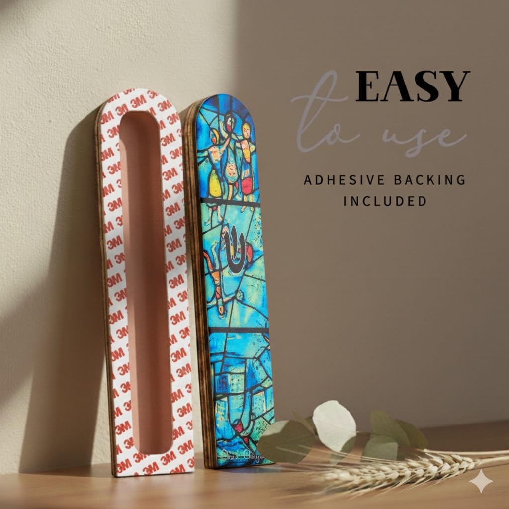 SURI Wooden Mezuzah for Door – 5 Inch Contemporary Turquoise Chagall-Inspired Mezuzzah Case with Printed Scroll, Self-Stick Adhesive, Fits a 4 Inch Scroll, Gift Box Include