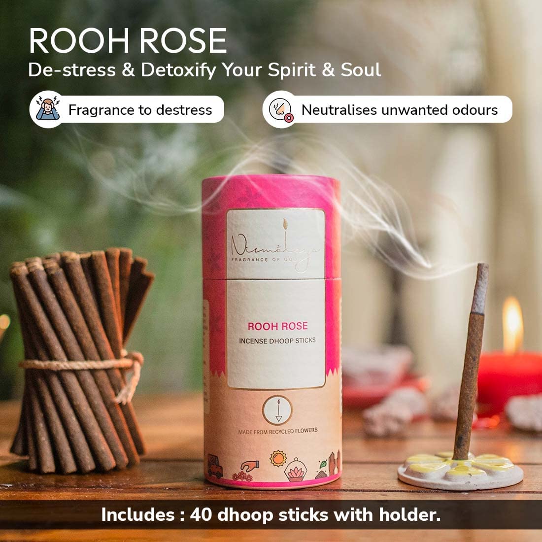 Nirmalaya Premium Rooh Rose, Zen, Sandalwood, Bakhoor Bambooless Dhoop Sticks (160 Sticks) with Ceramic Stand | Pack of 4 | 100% Charcoal-Free | for Pooja, Meditation, Yoga & Home Fragrance 2