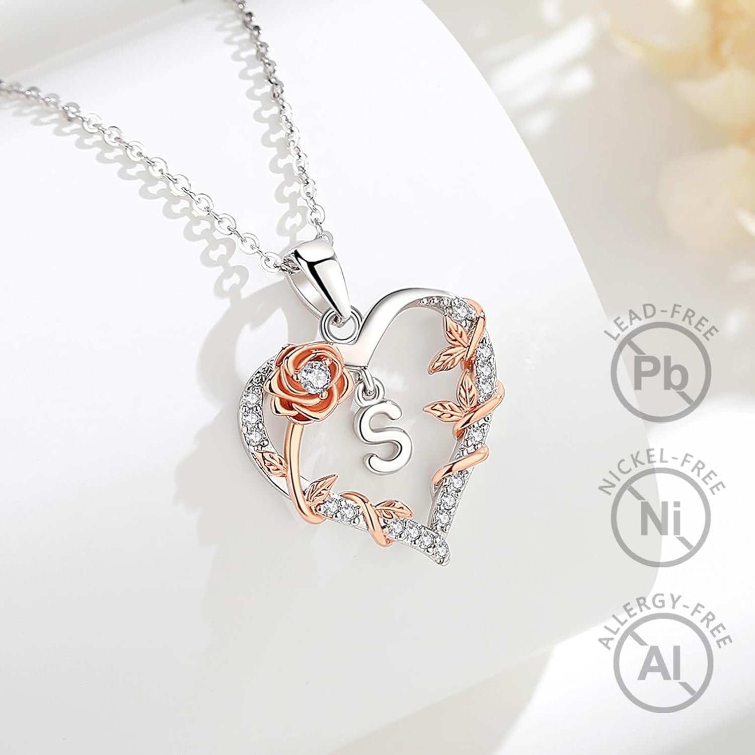 EUDORA Rose Heart Initial Necklace for Women Letter Alphabet Initial Necklaces Copper Rhodium Plated Pendant with Cubic Zirconia, Initials Jewelry Gifts for Women Wife Mother, 18" - Image 2