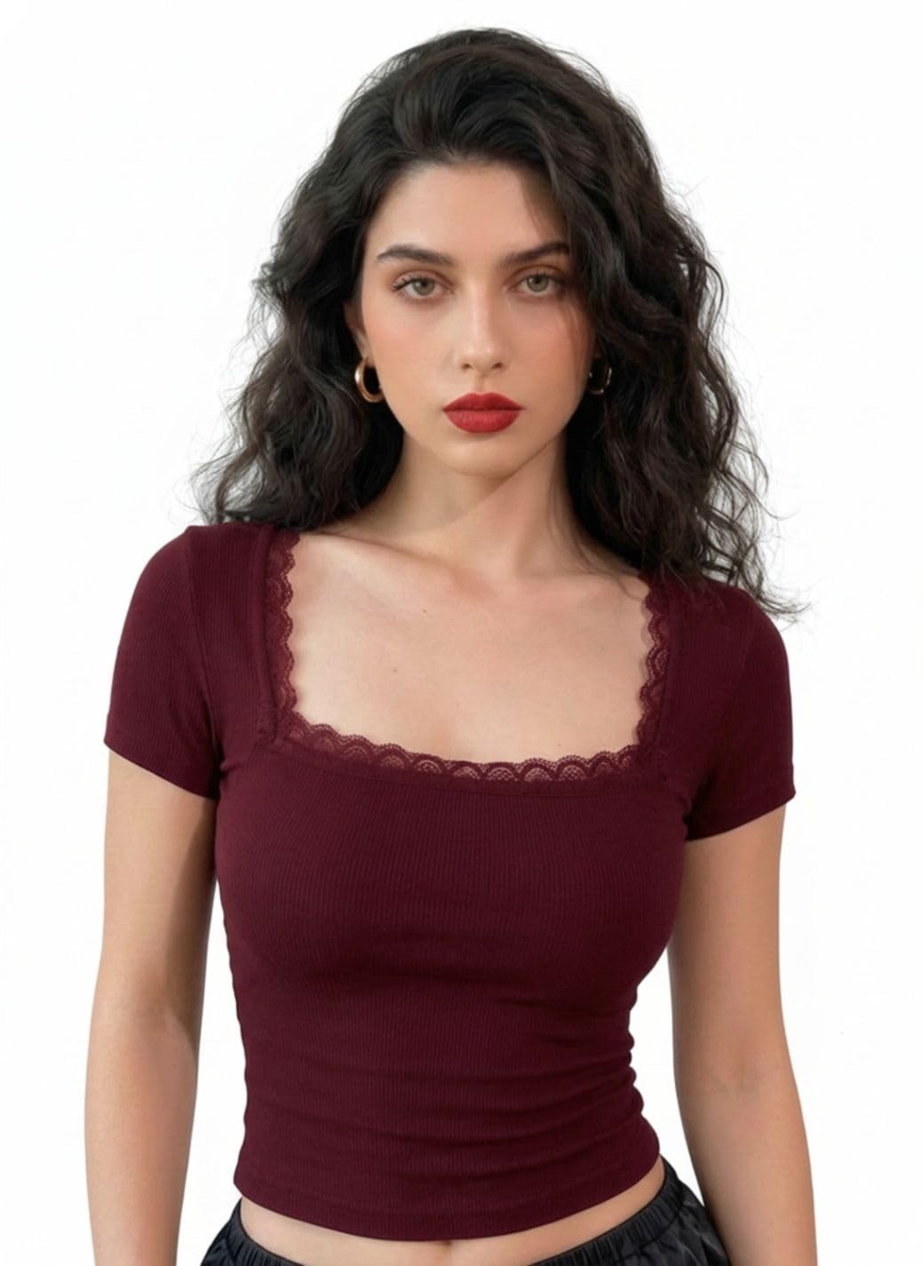 istyle can Women's Ribbed Square Neck Lace Trim Crop Top, Short Sleeve Solid Casual Top-picture-38