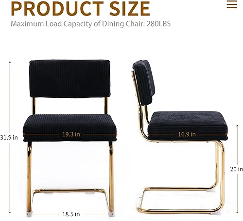 Miniatura 2 de Juego de 2 sillas de comedor modernas, sillas de cocina de tela de pana con acolchado de canal y base de metal chapado en oro, sillas de comedor