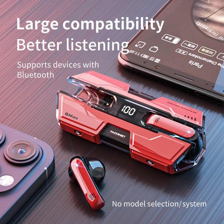 GM20 Earbuds and charging case next to a smartphone, illustrating large compatibility