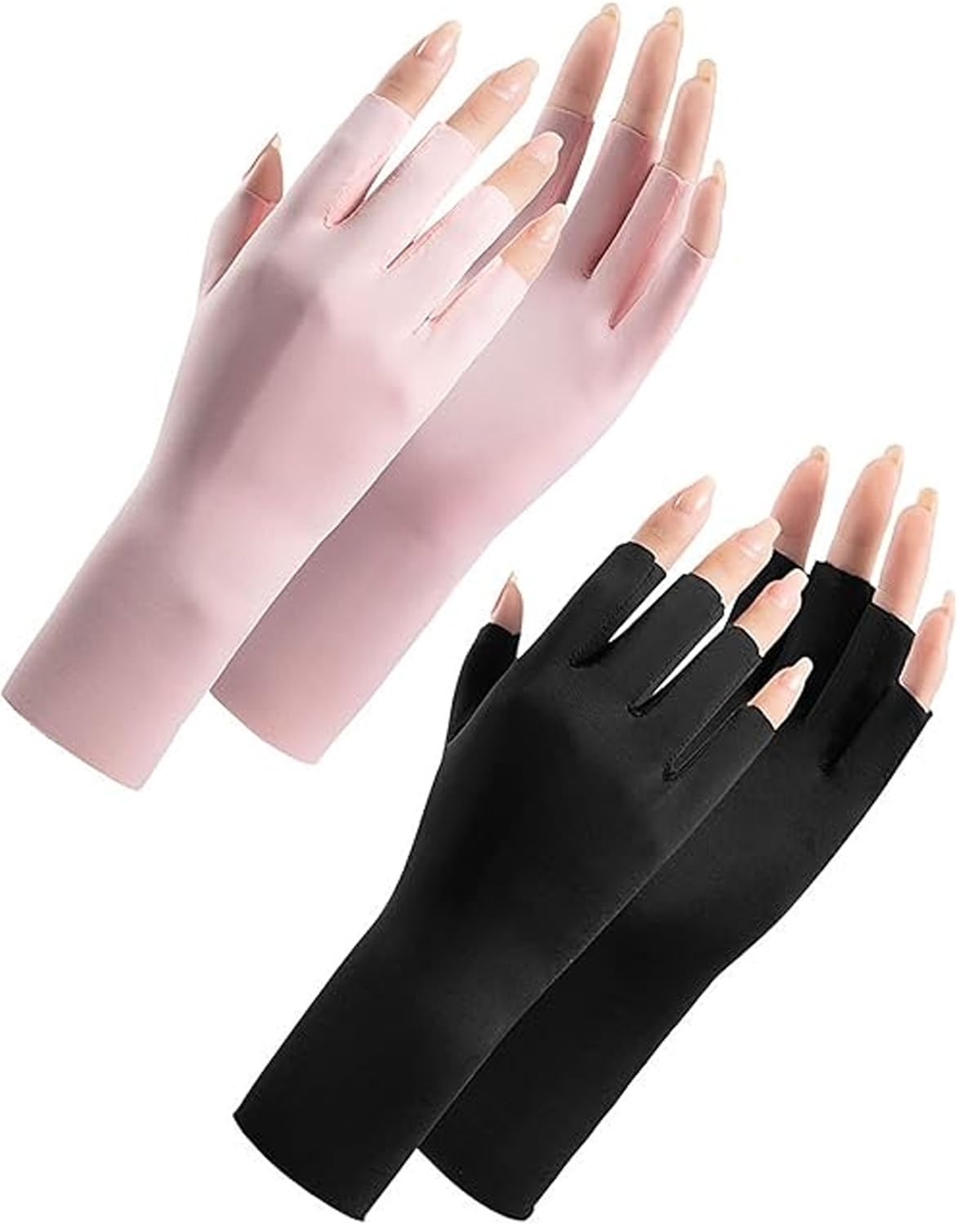 2 Paia Guanti Protezione UV per Manicure Gel,Professionali UPF50+ Protezione UV Guanti Senza Dita,Per Manicure Lampada UV Fitness Ciclismo(Nero,Rosa)