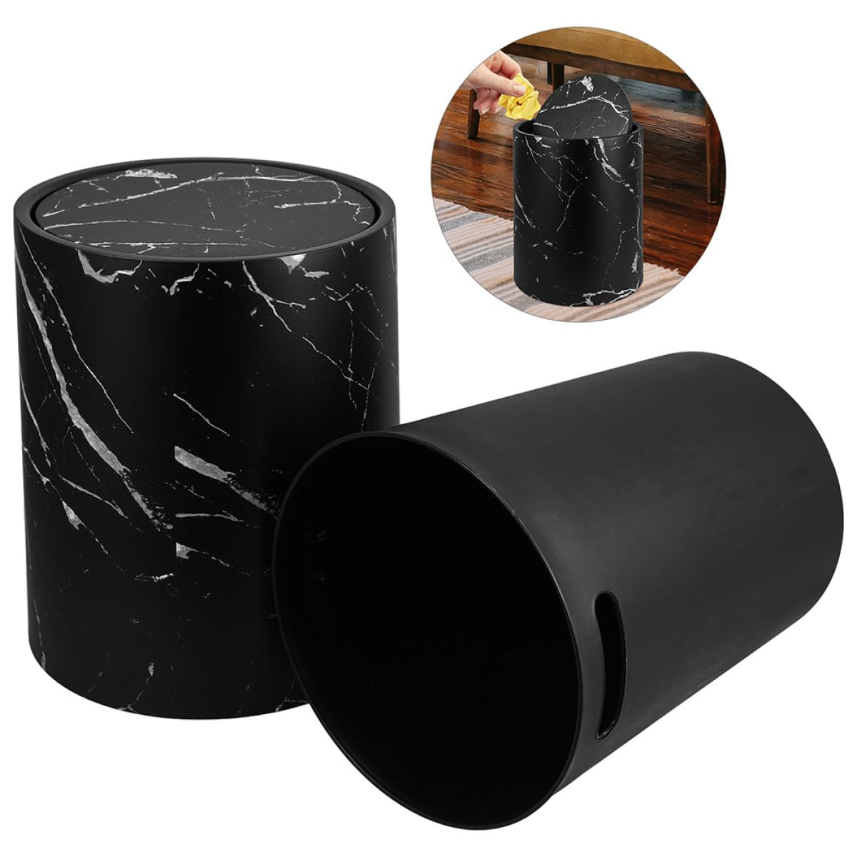 Contenitore per Rifiuti Marmorizzato in Pp da 15l Texture Effetto Marmo Nero, Cestino per Carta Igienica Bagno Moderno e Funzionale per Casa e Ufficio
