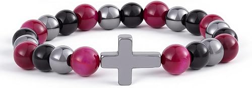 Laeclily Cross Bracelet for Men Tigers Eye Beaded Bracelets Crystal Stone Bracel
