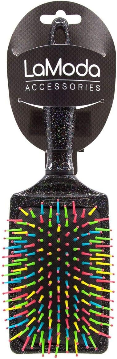 LaModa Glitter Finish Rectangle Paddle Brush with Cushioned Rainbow Bristles for Use with Wet or Dry Hair
