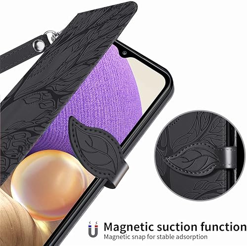 Miniatura 4 de MEUPZZK Funda para Samsung Galaxy A32 5G, Samsung A32 5G, piel sintética de alta calidad con diseño de árbol en relieve, función atril, ranuras para