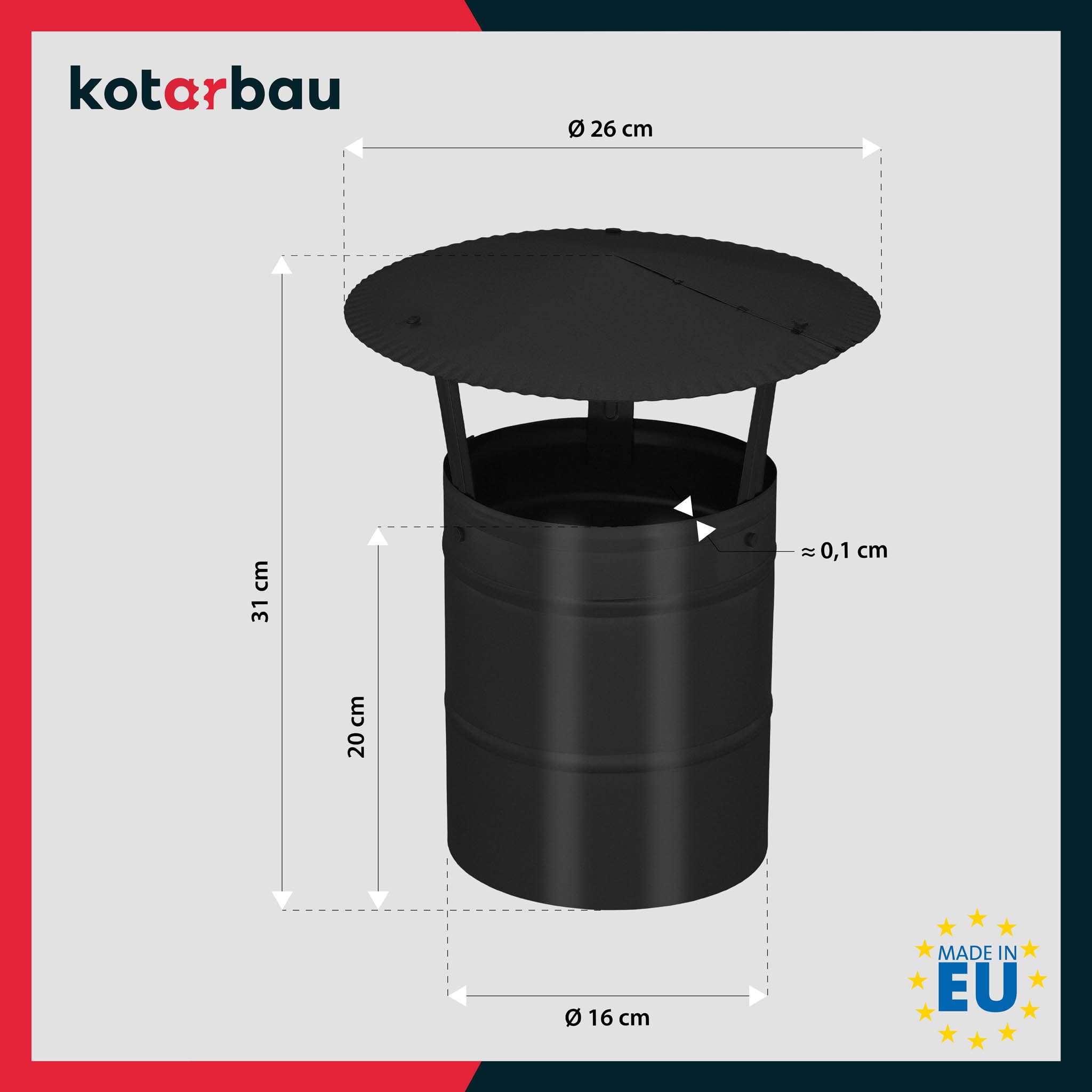 KOTARBAU® Sombrerete Chimenea - Acero Galvanizado y Pintado en Polvo - ø 160 mm - Negro - Sombrero Chimenea - Caperuza Salida Humos - Resistente a la Corrosión - Fácil Instalación