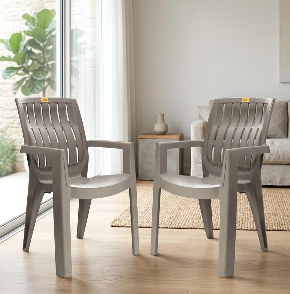 Image of Patiofy Plastic Arm Chair for Living Room, Heavy Duty Plastic Chair for Home and Outdoor, Solid Back Support, Comfortable Seating with Arm Support, 200 Kg Capacity (Spino Choco Cream- Set of 2)