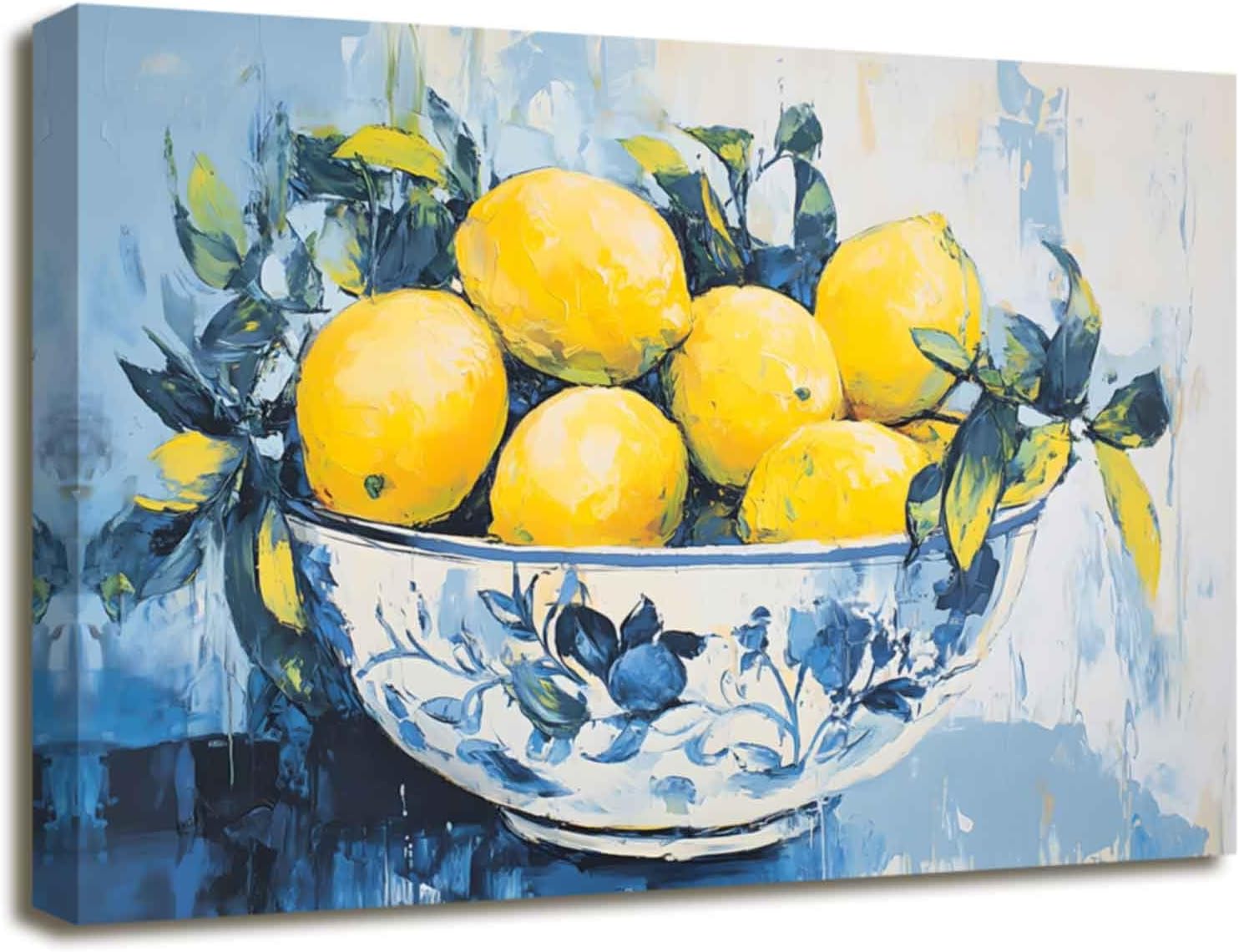 XLMDYYSW Lemon Wall Art Citrus Prints for Kitchen Wall Decor Yellow Fruit Pottery Canvas Picture Blue Classical Painting for Farmhouse Bathroom Framed (Yellow, 12.00" x 18.00")