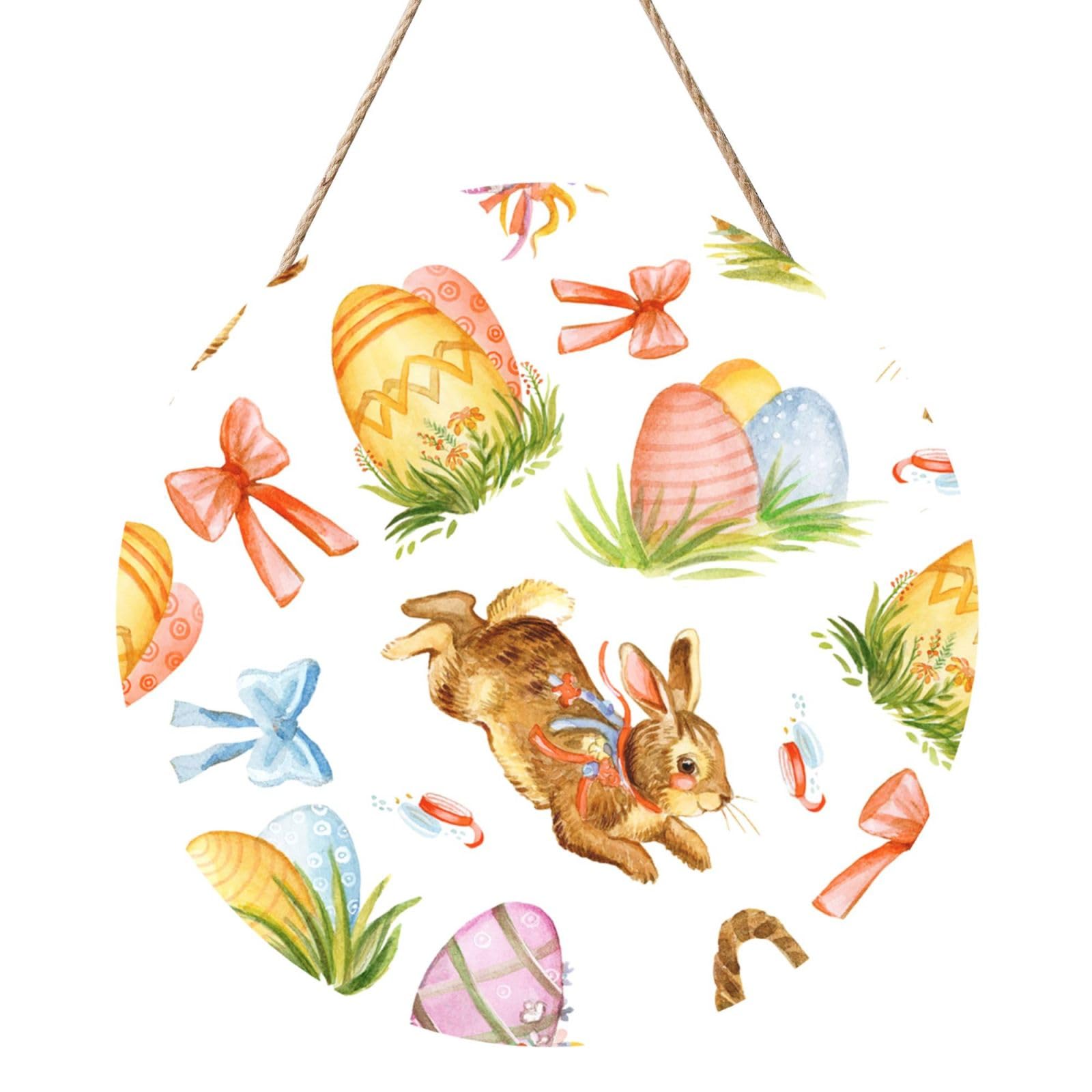 InOmak Watercolor Easter Rabbit Egg, Round Wood Panel Painting 12 in, Wall Hanging Painting For Home