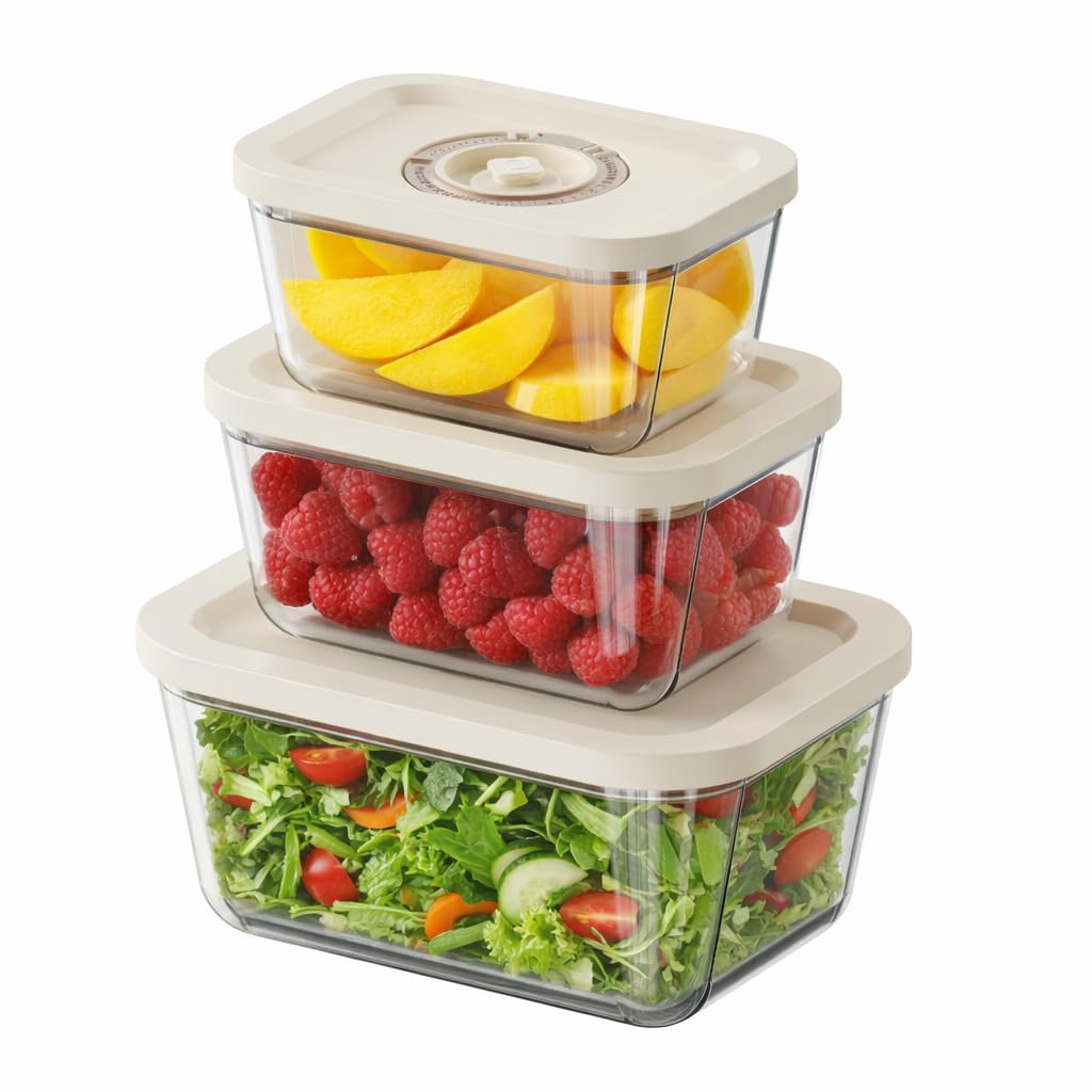 Juego de recipientes de vidrio para almacenamiento de alimentos al vacío, 3 recipientes cuadrados de sellado al vacío para preparación de comidas, conservación de frutas y adobos, fácil de