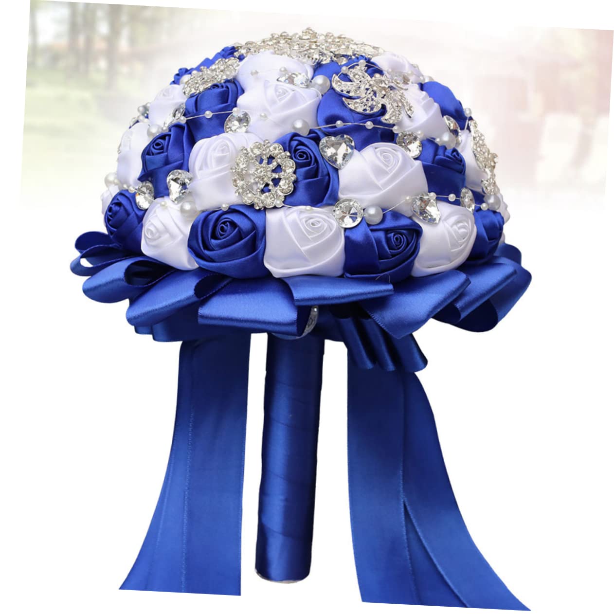 Cabilock Brautstrauß Schleife und Strasssteinen Weiß Blau als Brautblumen und Hochzeitsdeko Geeignet für Wohnzimmer Schlafzimmer und Hochzeit