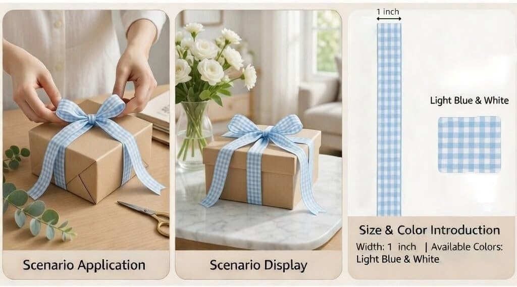 Gingham Ribbon1-Inch Checkered Ribbon Wide Taffeta Plaid Ribbon 25 Yard Roll Assorted Spring Easter Plaid Ribbon for Crafts Gift Wrapping (Light Blue)