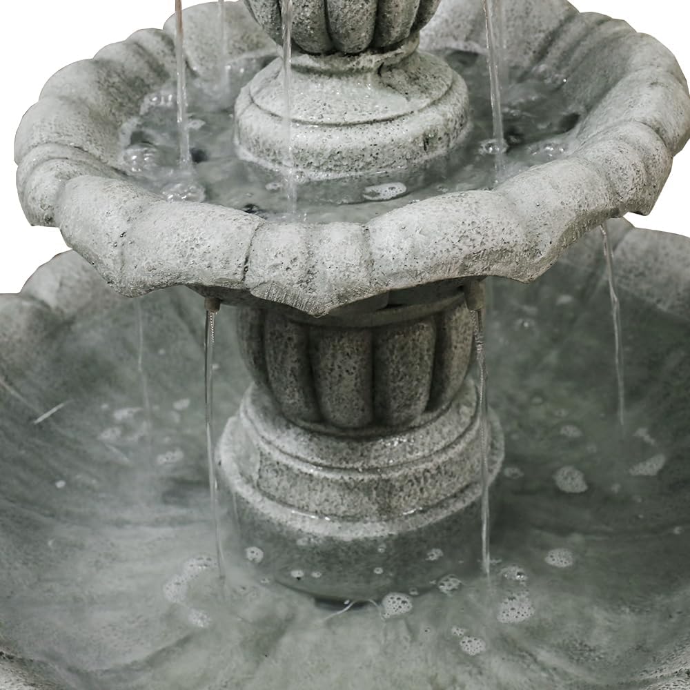 SunJet 39.3” High Modern Concrete Outdoor Water Fountain - 3 Tiered Large Floor Water Fountain and Waterfalls with Electric Pump for Garden, Patio, Yard, and Deck Decor, Featuring Natural Stone Look