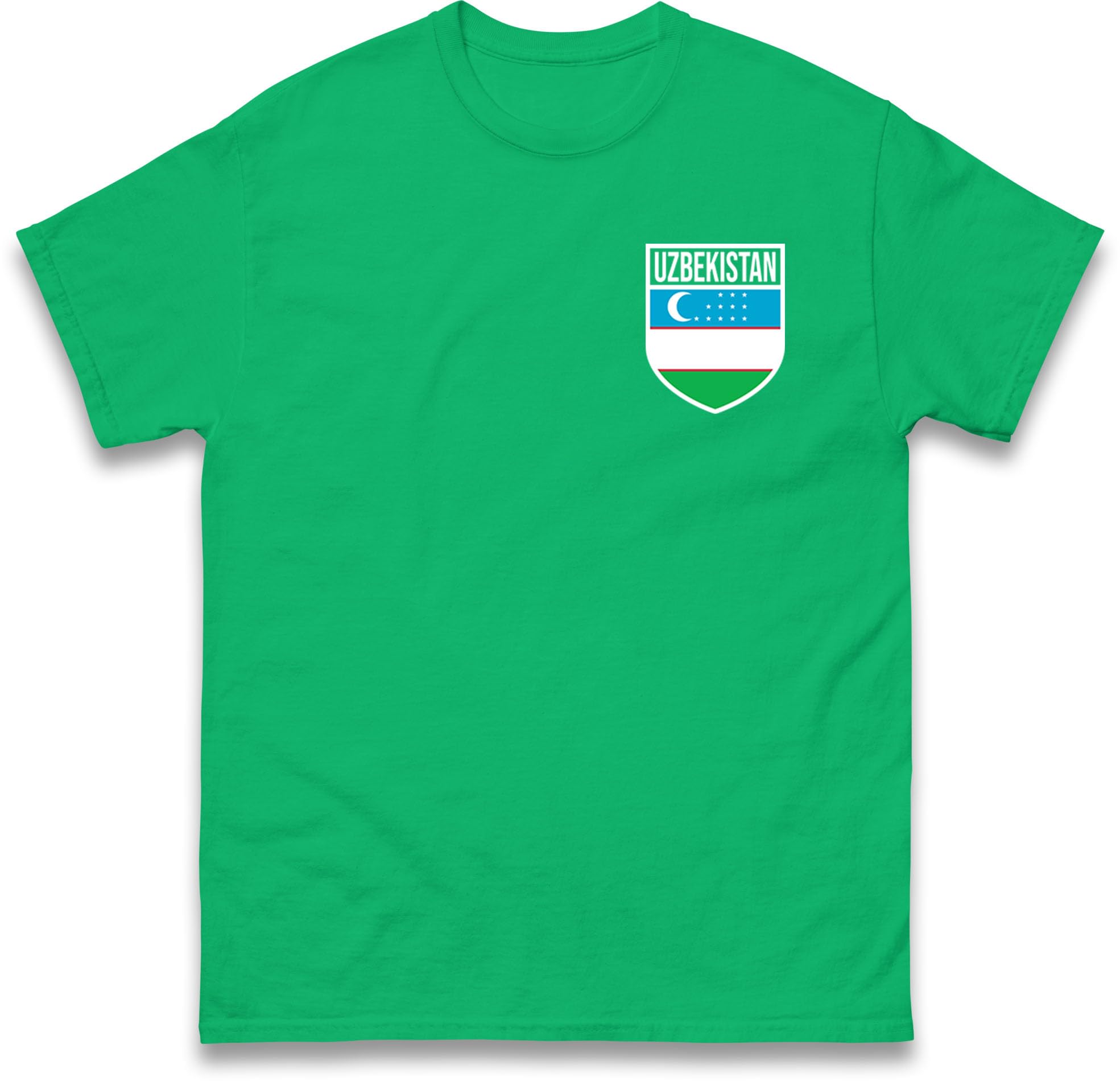 Uzbekistan Football T Shirt, Personalised Uzbekistan Flag Badge Football T-Shirt, Custom Name and Number Tee Kelly Green