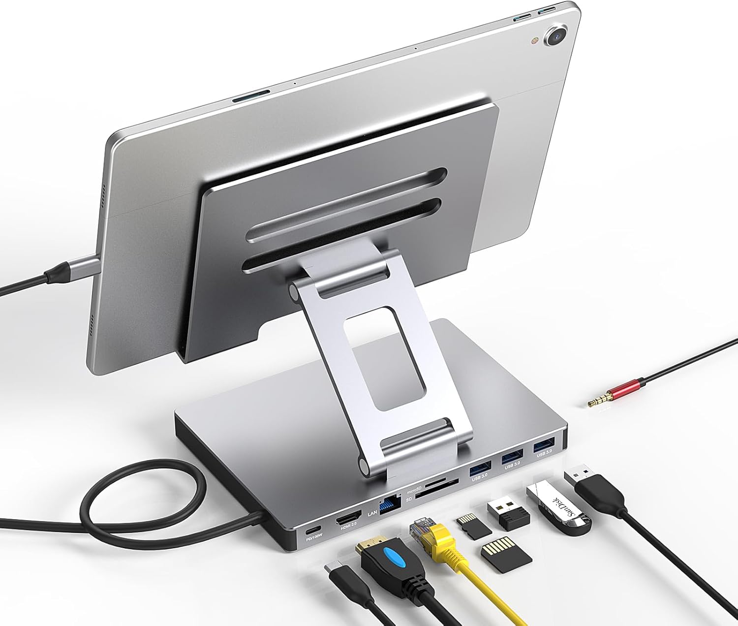 Aluminum Stand with 9-in-1 Type C Dock,100W PD,4K HDMI, Foldable for iPad Pro/Air, All-in-One Docking Station & Adjustable Holder, USB 3.0/Ethernet/SD Reader