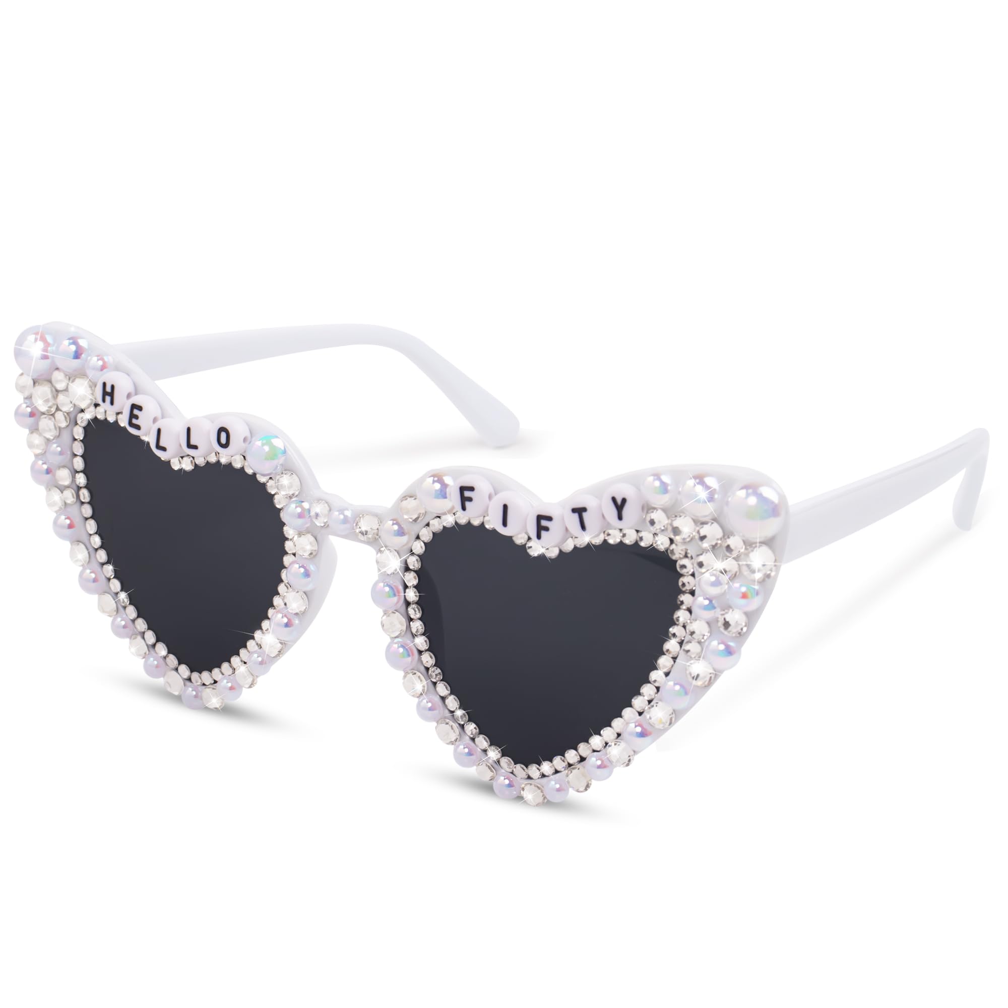 Suwaoo 50th Birthday Glasses Heart Shape Sunglasses with Rhinestone for Women Friends Fifty Birthday Gift Accessories Party Favors
