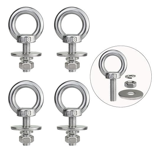 4 Pack M8 Stainless Steel Eye Bolt with Nuts and Washer, 5/16" x 1 inch Lifting Ring Eye Bolt for Swing Board Tire Tyre, Screw Eyebolts Anchoring kit for Tie Down Straps Swing Chair Outdoor