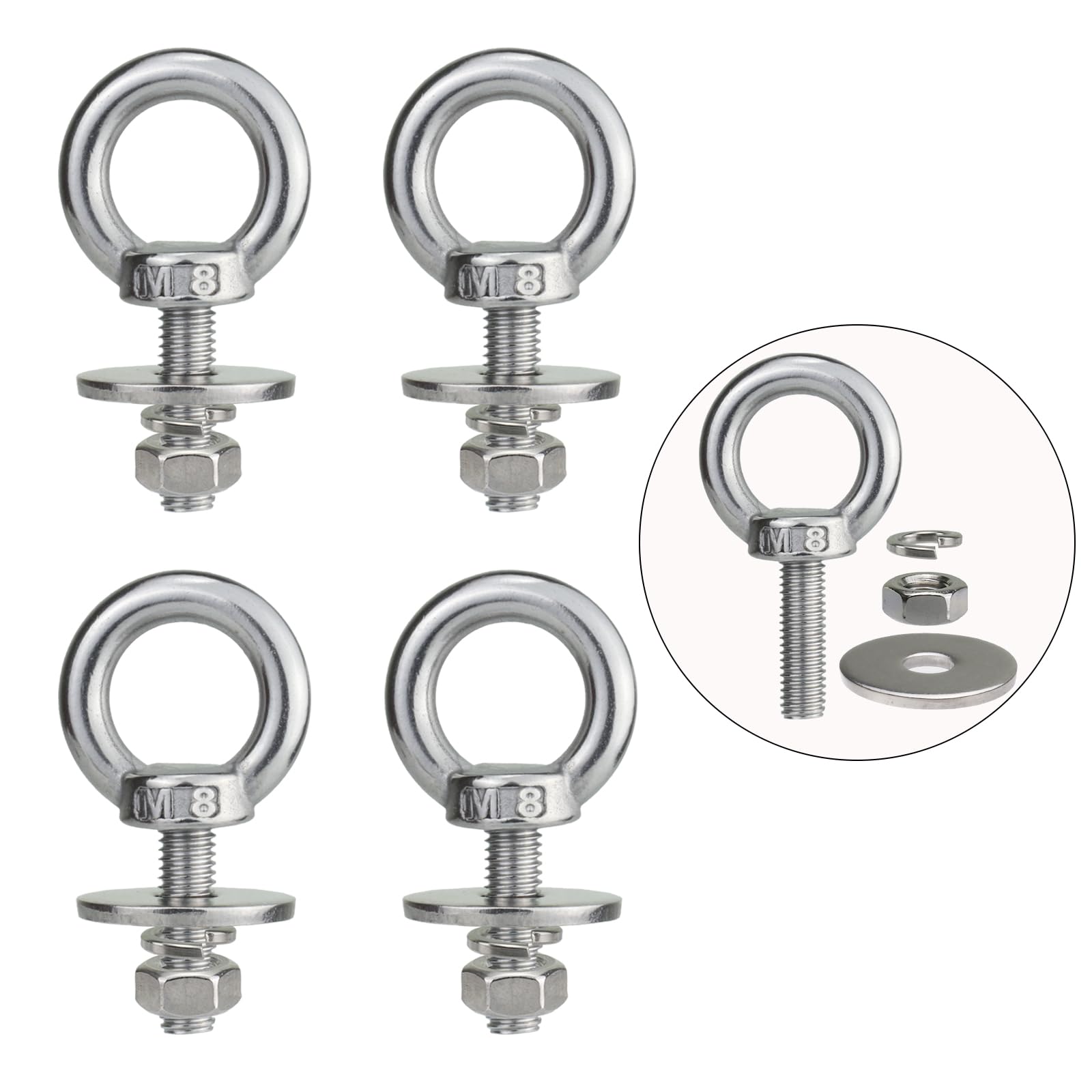 M8 Stainless Steel Eye Bolts with Nuts 4 Pack, 5/16" x 1" Lifting Ring Eye Bolt for Tire Swing Truck (Metric M6 - M10 x 1 2 4 inch Available), Threaded Shoulder Eyebolts Hang Tie Down Outdoor