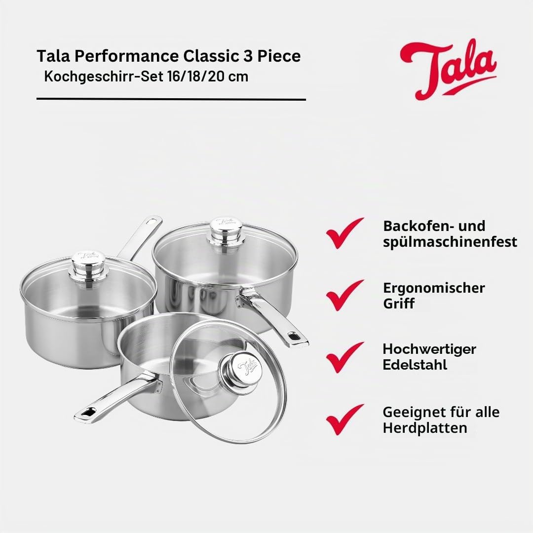 Tala Performance 3-teiliges Kochgeschirr-Set aus Edelstahl, Kochtöpfe mit Glasdeckeln, 16, 18 und 20 cm, Made in Portugal, mit Garantie, geeignet für alle Herdarten einschließlich Induktion