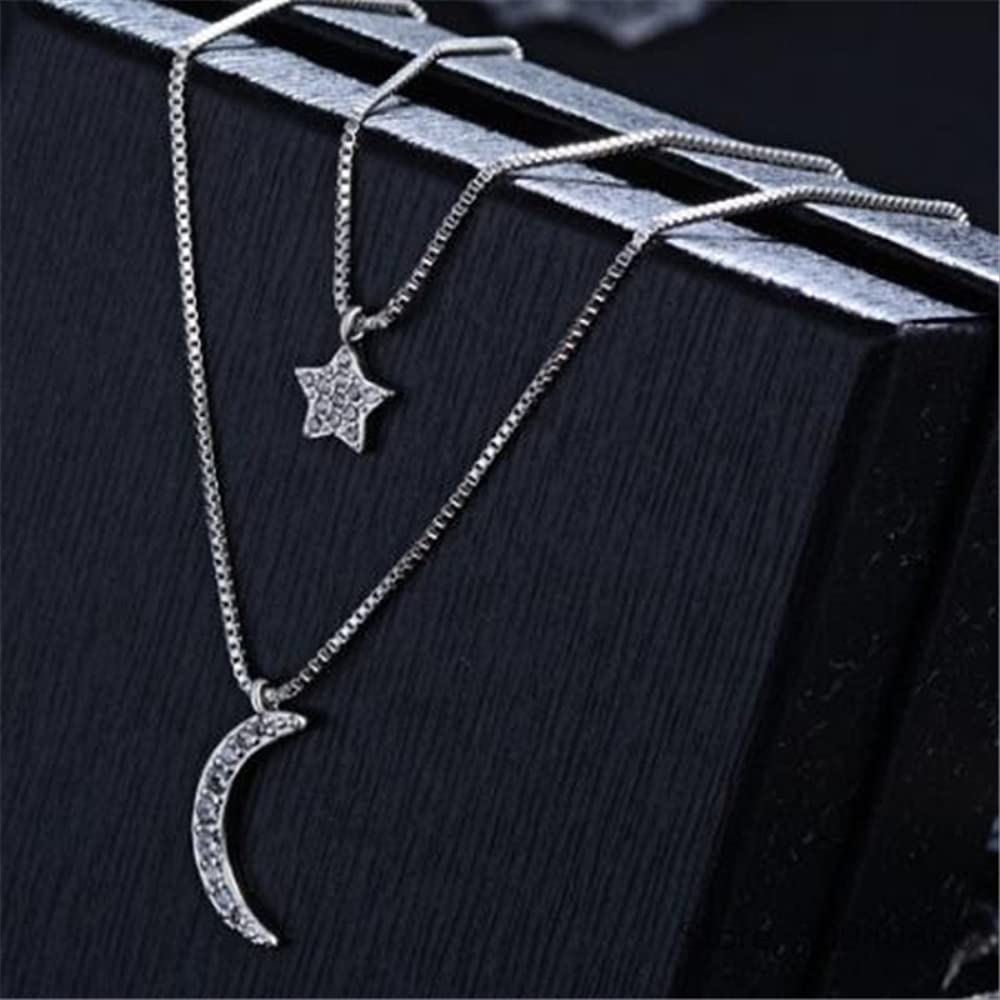 YCQYM Doppelschichtige Zirkonia-Mond-Stern-Halsketten für Damen, Kurze Kette, Halsband de Prata, Geschenk