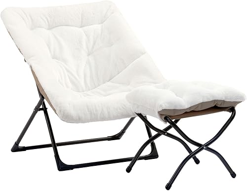 HollyHOME Silla platillo extragrande con otomana plegable, cómoda silla plegable de gran tamaño y reposapiés plegable, silla de lectura de piel